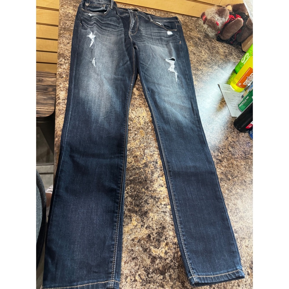 Express Jeans Womens 16L Mid Rise Legging Dark Wash Distressed Denim Blue
